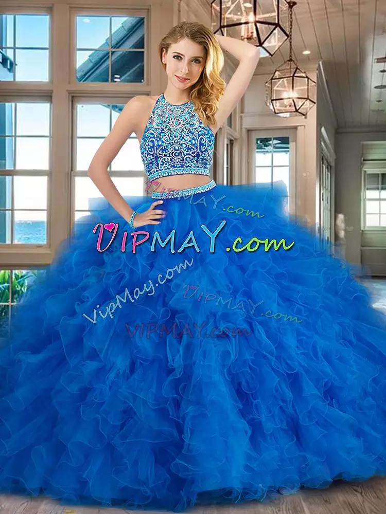 Smart Blue Sleeveless Floor Length Beading and Ruffles Backless 15th Birthday Dress Scoop