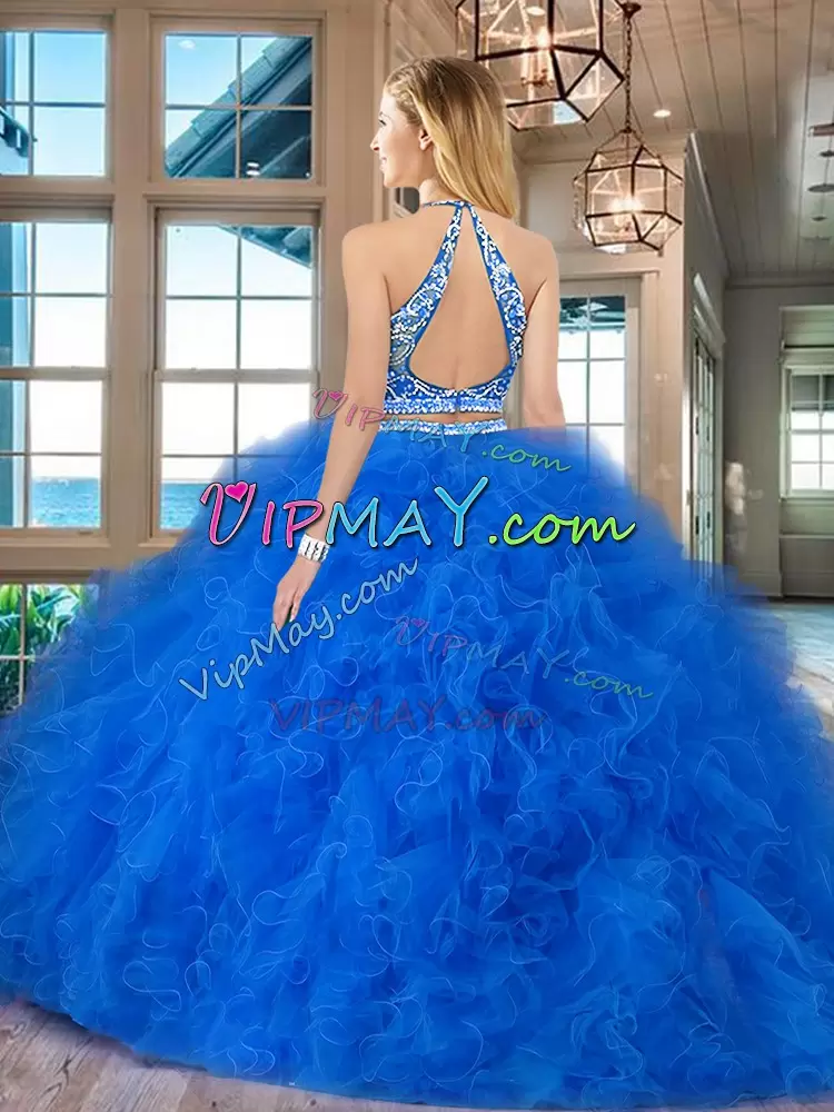 Smart Blue Sleeveless Floor Length Beading and Ruffles Backless 15th Birthday Dress Scoop