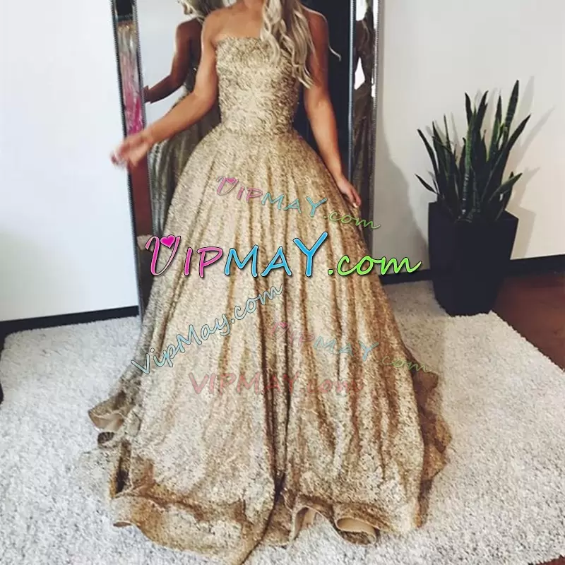 Hot Sale Gold Sequins Satin Strapless Long Lace Up Sweet 16 Dress