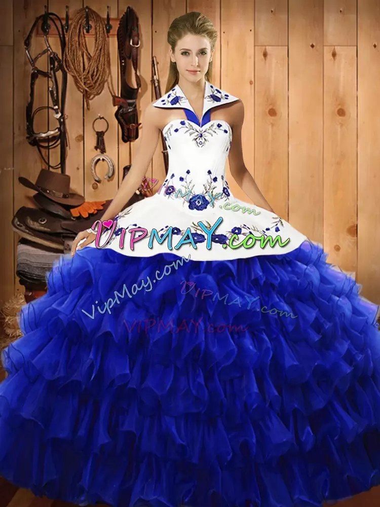 Royal Blue Sweet 16 Quinceanera Dress Military Ball and Sweet 16 and Quinceanera with Embroidery and Ruffled Layers Halter Top Sleeveless Lace Up