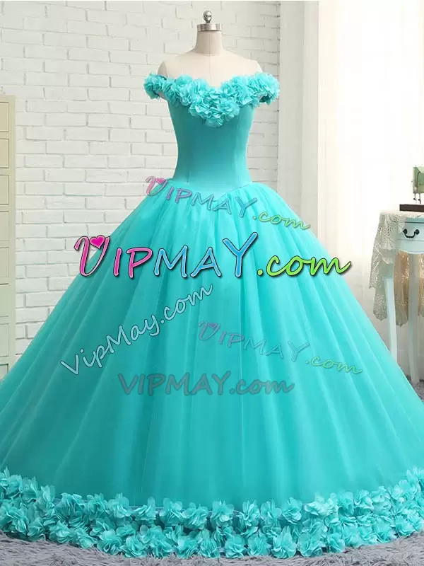 Aqua Blue Lace Up Quinceanera Dresses Hand Made Flower Sleeveless Court Train