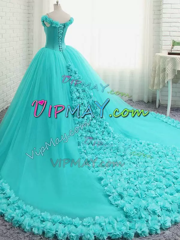 Aqua Blue Lace Up Quinceanera Dresses Hand Made Flower Sleeveless Court Train