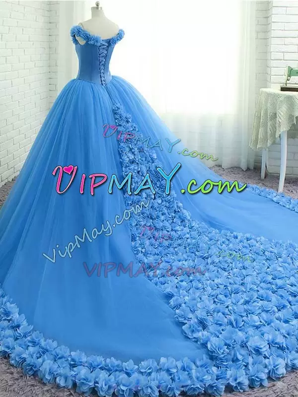 Aqua Blue Lace Up Quinceanera Dresses Hand Made Flower Sleeveless Court Train