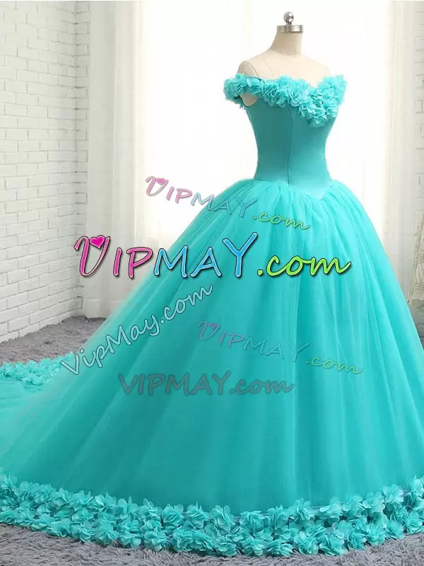 Aqua Blue Lace Up Quinceanera Dresses Hand Made Flower Sleeveless Court Train