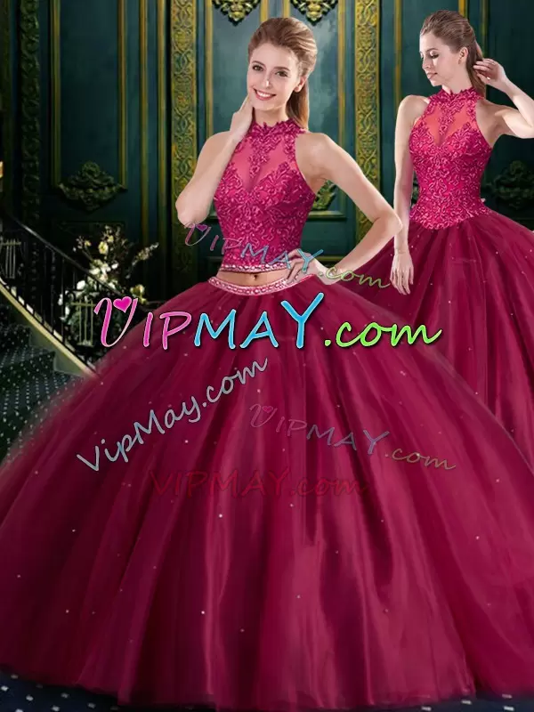 Beautiful Ball Gowns Vestidos de Quinceanera Burgundy High-neck Tulle Sleeveless Floor Length Lace Up