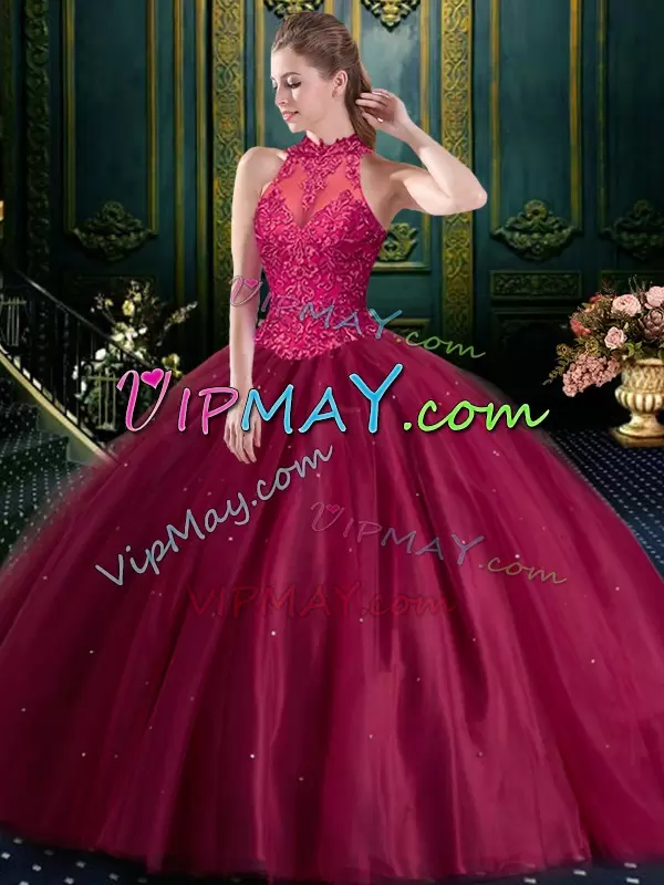 Beautiful Ball Gowns Vestidos de Quinceanera Burgundy High-neck Tulle Sleeveless Floor Length Lace Up