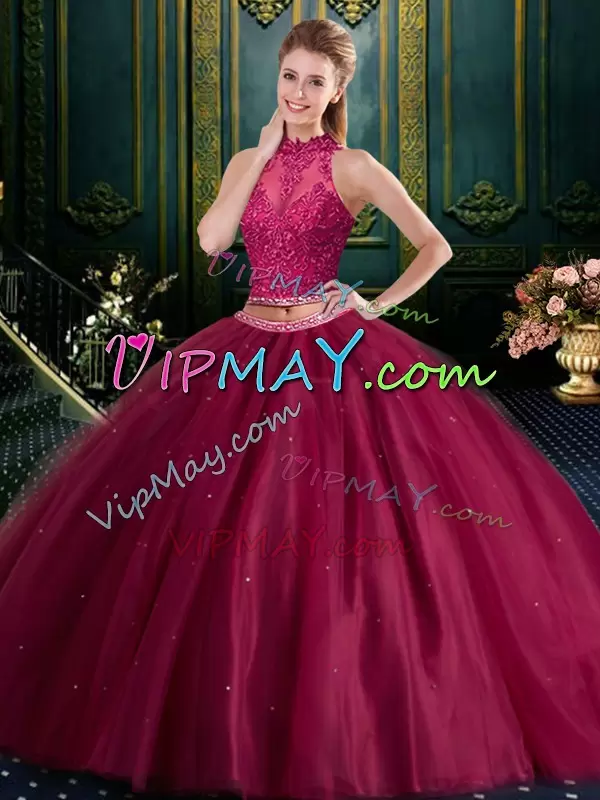 Beautiful Ball Gowns Vestidos de Quinceanera Burgundy High-neck Tulle Sleeveless Floor Length Lace Up