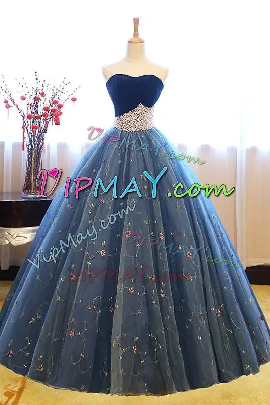 Navy Blue 15th Birthday Dress Prom and Party and Military Ball and Quinceanera with Lace and Appliques Strapless Sleeveless Lace Up