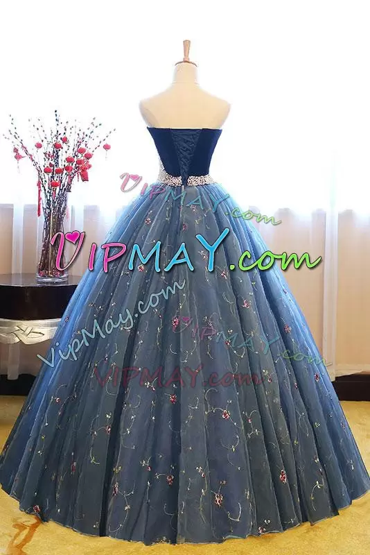 Navy Blue 15th Birthday Dress Prom and Party and Military Ball and Quinceanera with Lace and Appliques Strapless Sleeveless Lace Up