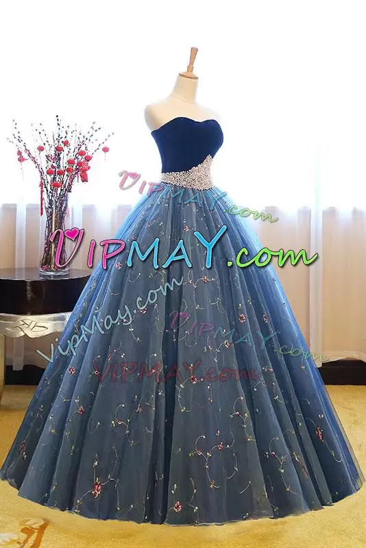 Navy Blue 15th Birthday Dress Prom and Party and Military Ball and Quinceanera with Lace and Appliques Strapless Sleeveless Lace Up