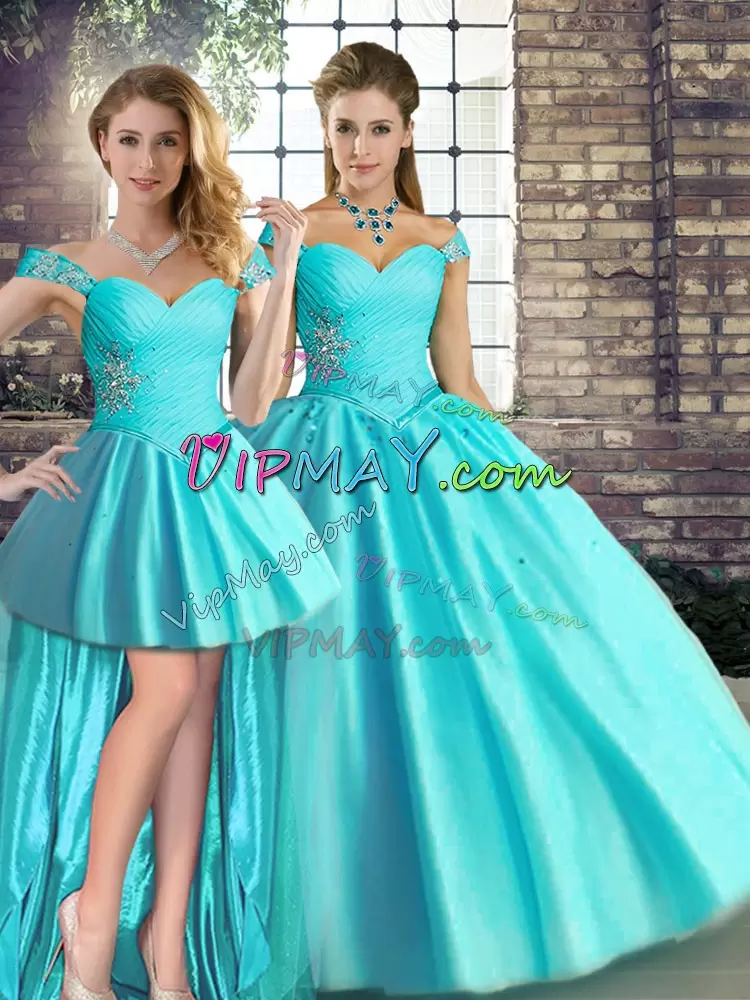 New Style Floor Length Lace Up Quinceanera Gown Aqua Blue for Military Ball and Sweet 16 and Quinceanera with Beading