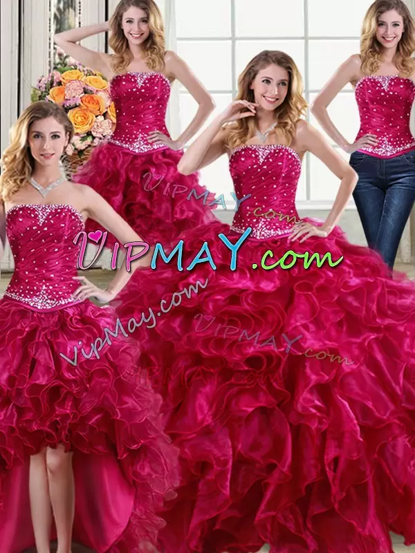 High End Organza Strapless Sleeveless Lace Up Beading and Ruffles Quince Ball Gowns in Fuchsia