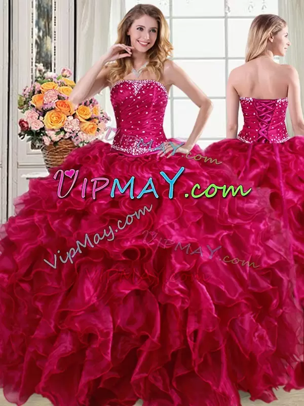 High End Organza Strapless Sleeveless Lace Up Beading and Ruffles Quince Ball Gowns in Fuchsia