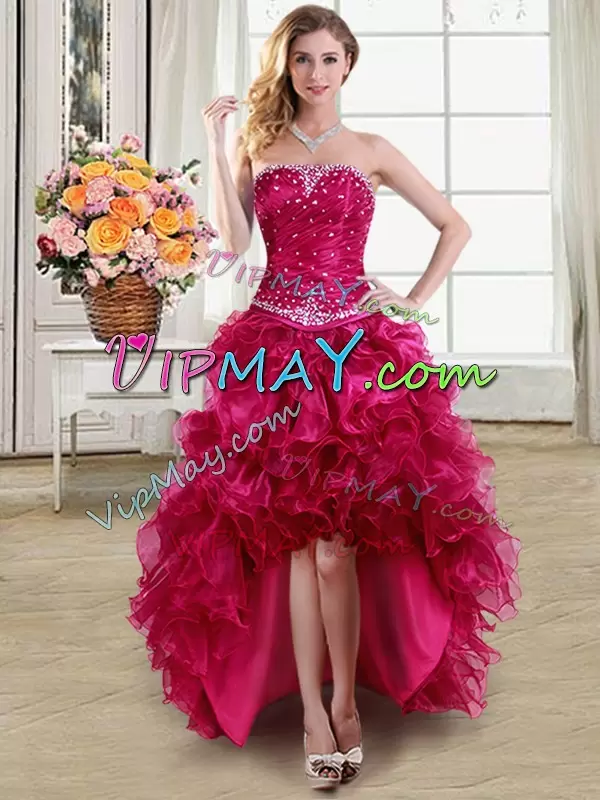 High End Organza Strapless Sleeveless Lace Up Beading and Ruffles Quince Ball Gowns in Fuchsia