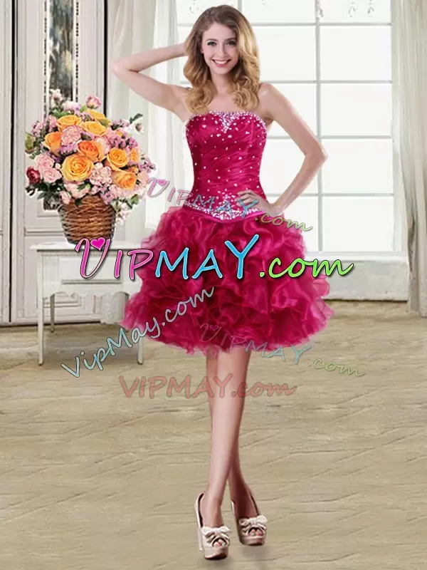 High End Organza Strapless Sleeveless Lace Up Beading and Ruffles Quince Ball Gowns in Fuchsia