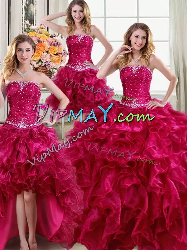 High End Organza Strapless Sleeveless Lace Up Beading and Ruffles Quince Ball Gowns in Fuchsia