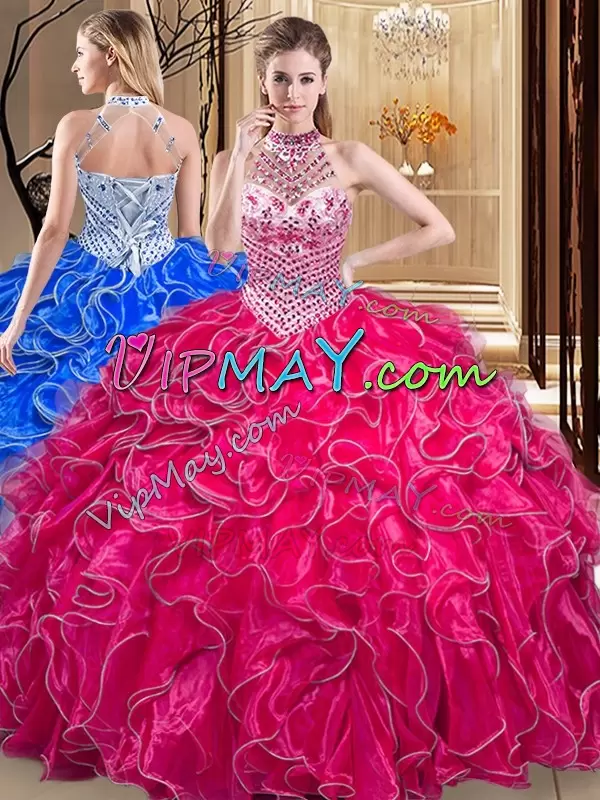 Hot Pink Ball Gowns Beading and Ruffles Sweet 16 Quinceanera Dress Lace Up Organza Sleeveless Floor Length