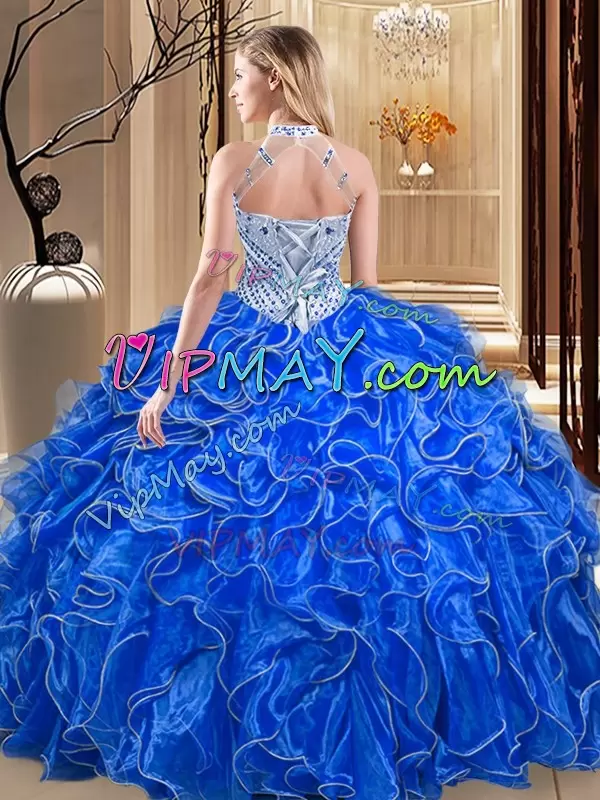 Hot Pink Ball Gowns Beading and Ruffles Sweet 16 Quinceanera Dress Lace Up Organza Sleeveless Floor Length