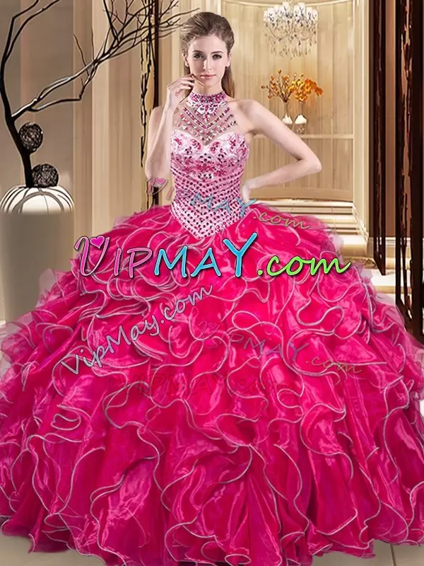 Hot Pink Ball Gowns Beading and Ruffles Sweet 16 Quinceanera Dress Lace Up Organza Sleeveless Floor Length