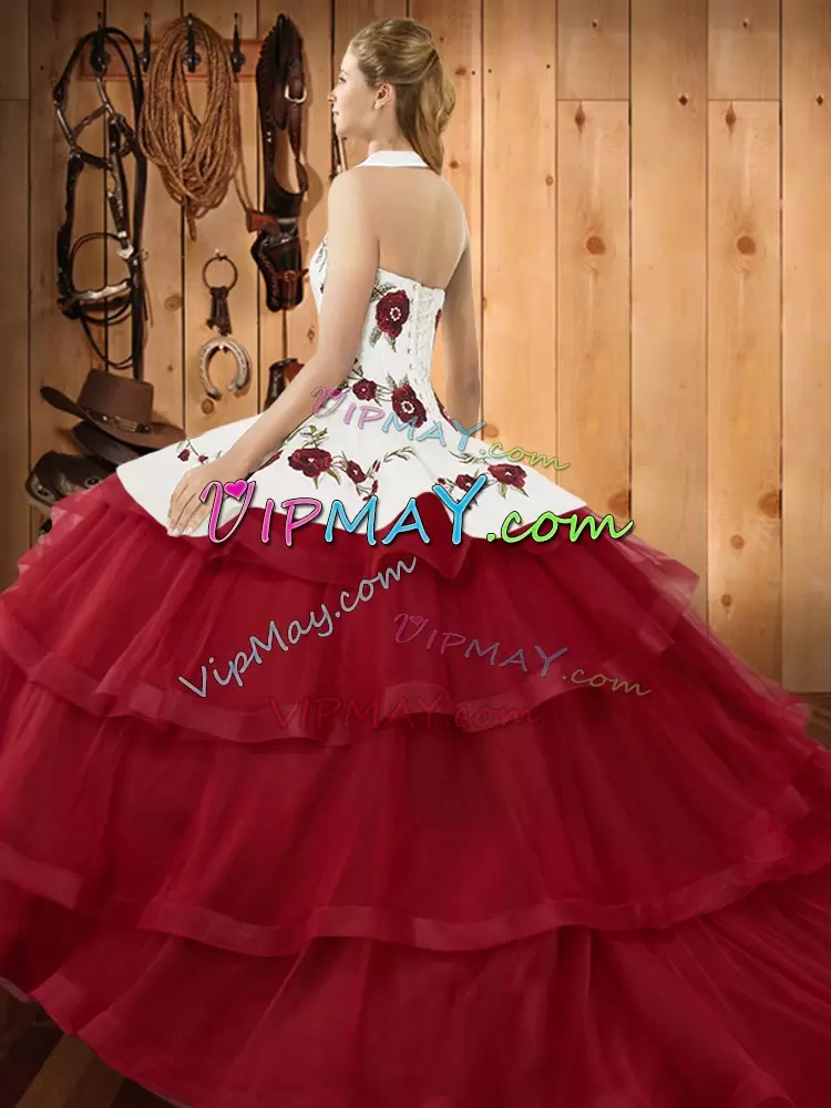 Sweep Train Ball Gowns Quinceanera Gowns Wine Red Halter Top Organza Sleeveless Lace Up