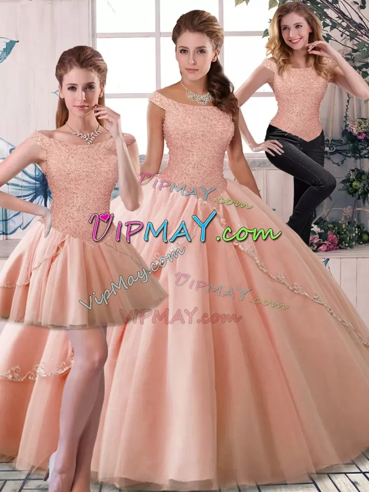 Popular Tulle Off The Shoulder Sleeveless Brush Train Lace Up Beading Vestidos de Quinceanera in Peach