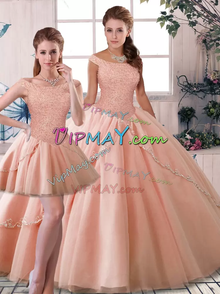 Popular Tulle Off The Shoulder Sleeveless Brush Train Lace Up Beading Vestidos de Quinceanera in Peach