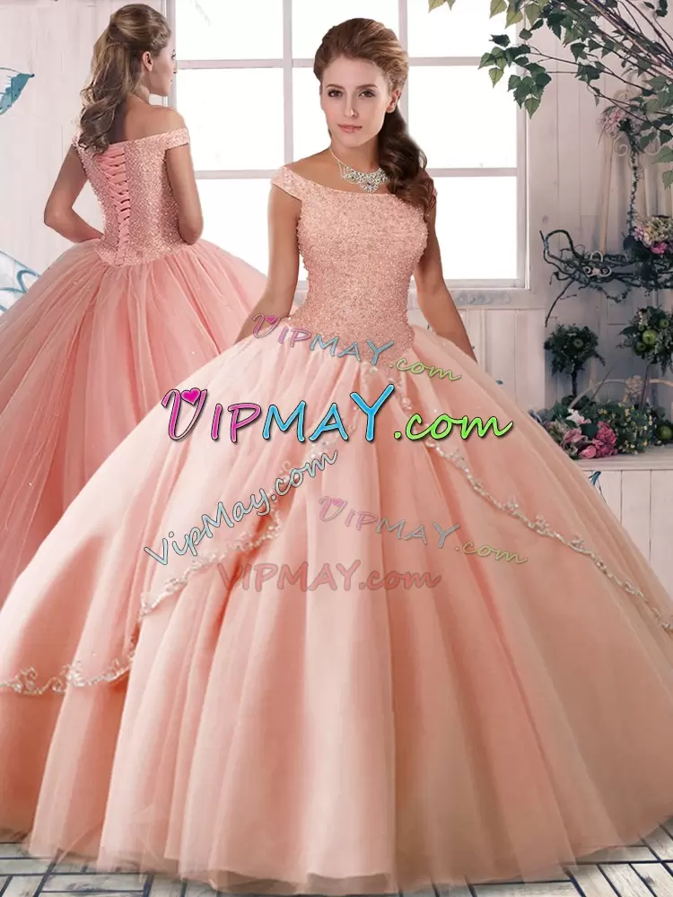 Popular Tulle Off The Shoulder Sleeveless Brush Train Lace Up Beading Vestidos de Quinceanera in Peach