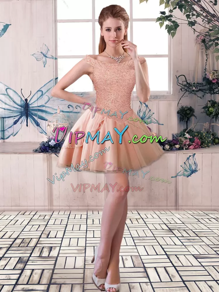 Popular Tulle Off The Shoulder Sleeveless Brush Train Lace Up Beading Vestidos de Quinceanera in Peach