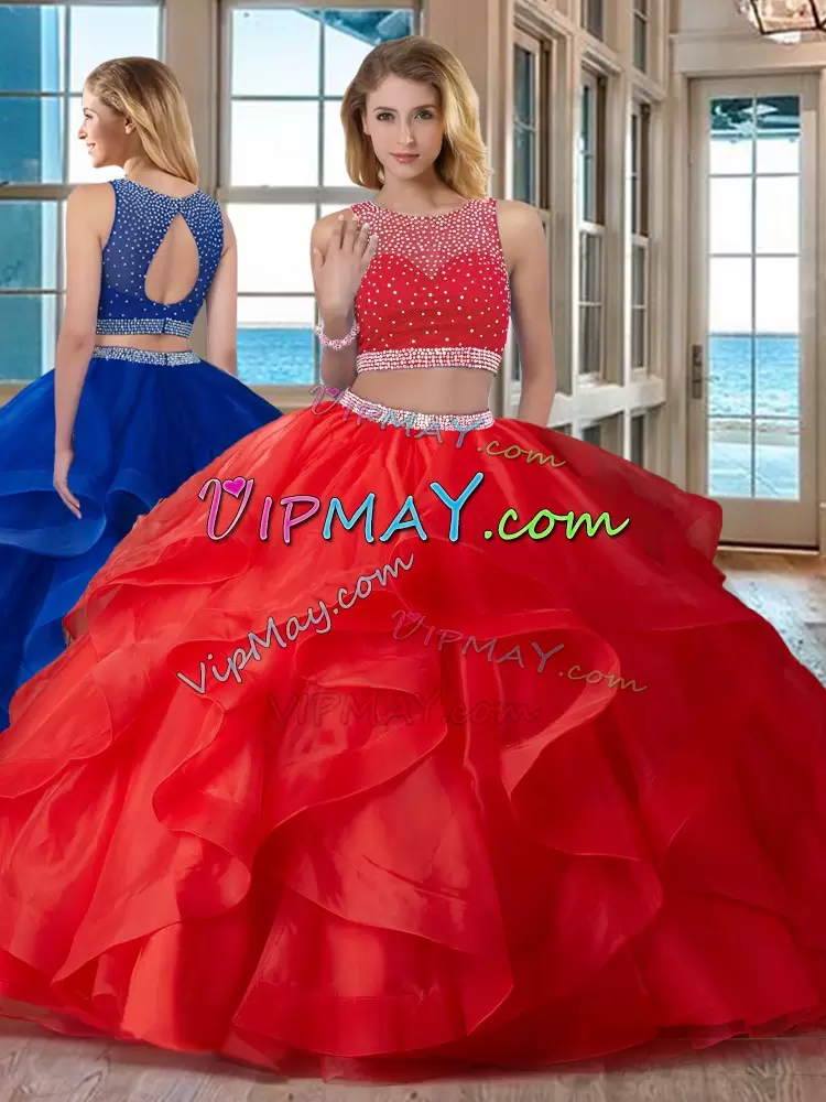 Affordable Red Scoop Zipper Beading Quince Ball Gowns Sleeveless