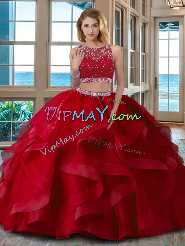 Affordable Red Scoop Zipper Beading Quince Ball Gowns Sleeveless