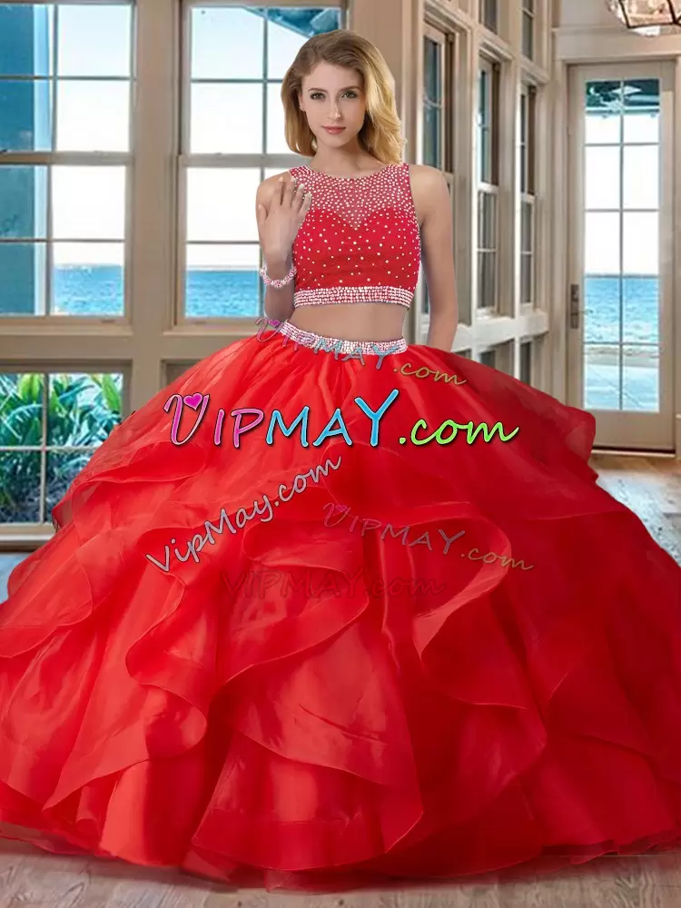 Affordable Red Scoop Zipper Beading Quince Ball Gowns Sleeveless