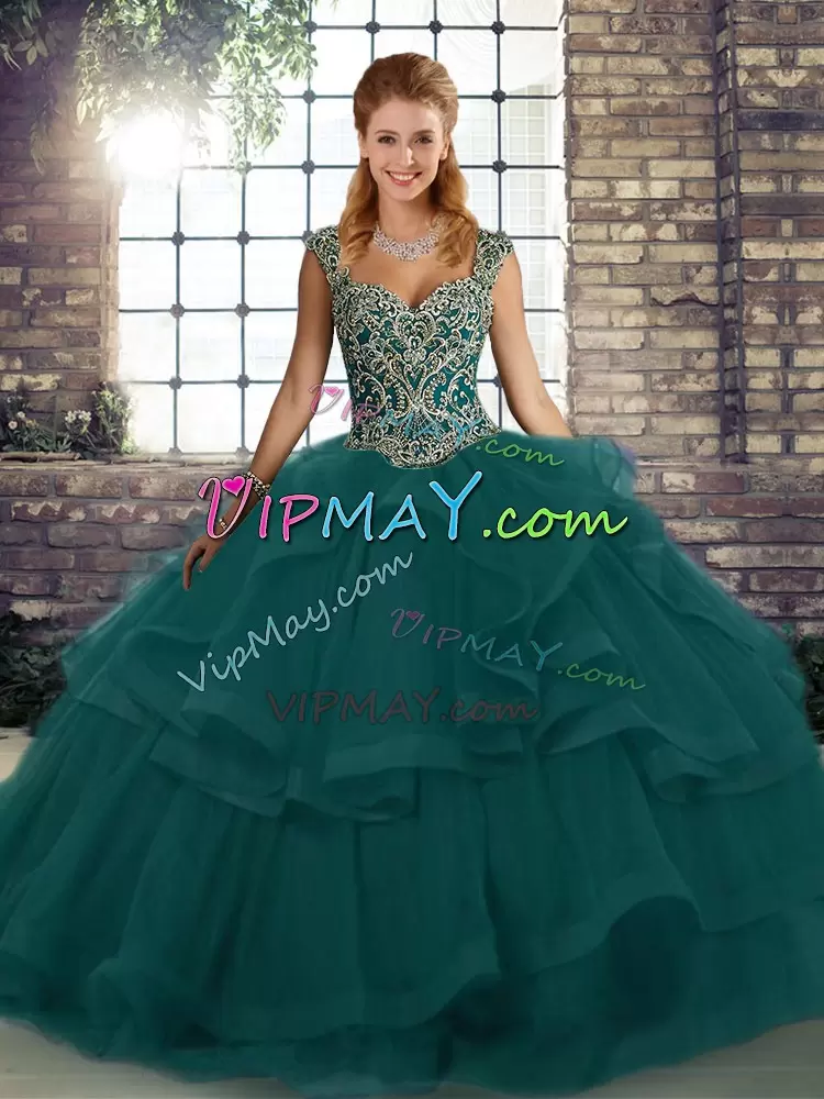 Sleeveless Tulle Floor Length Lace Up Vestidos de Quinceanera in Peacock Green with Beading and Ruffles