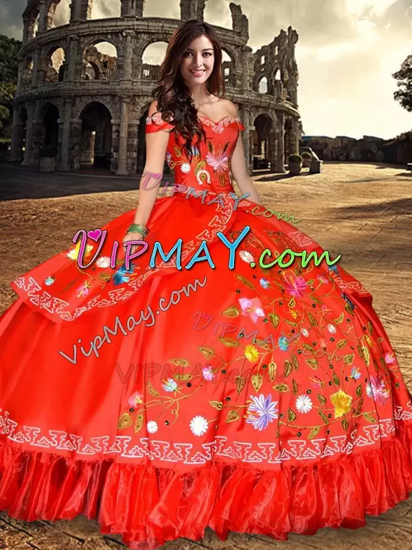 Beautiful Country Themed Red Off the Shoulder Sweet 16 Quince Dress with Colorful Flowers