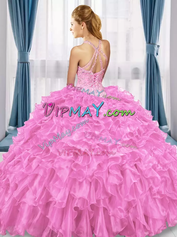 Royal Blue V-neck Neckline Beading and Ruffles Sweet 16 Quinceanera Dress Sleeveless Lace Up