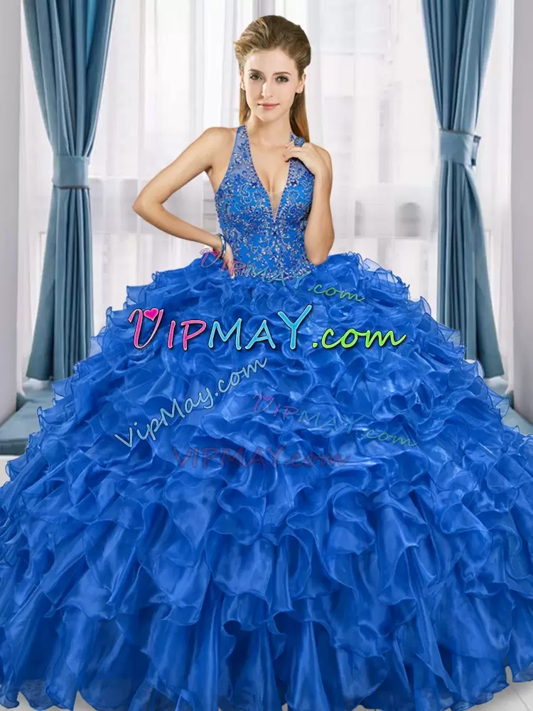 Royal Blue V-neck Neckline Beading and Ruffles Sweet 16 Quinceanera Dress Sleeveless Lace Up