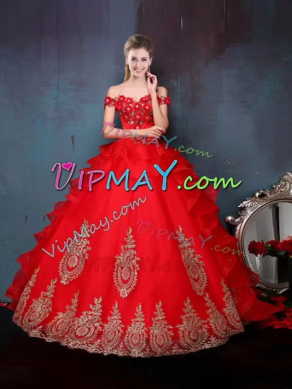 Floor Length Lace Up Quinceanera Dresses Red for Military Ball and Sweet 16 and Quinceanera with Beading and Appliques and Ruffles