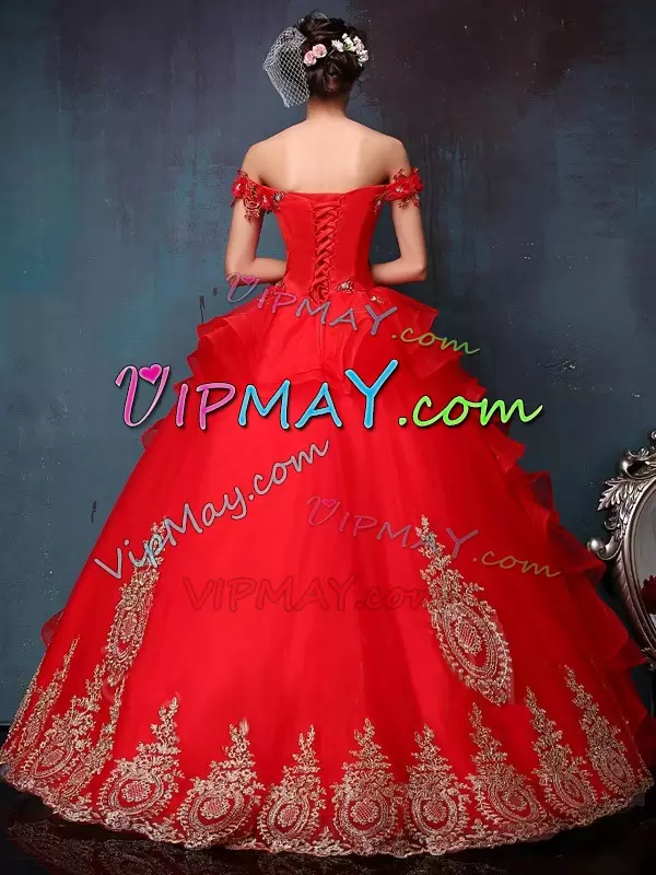 Floor Length Lace Up Quinceanera Dresses Red for Military Ball and Sweet 16 and Quinceanera with Beading and Appliques and Ruffles