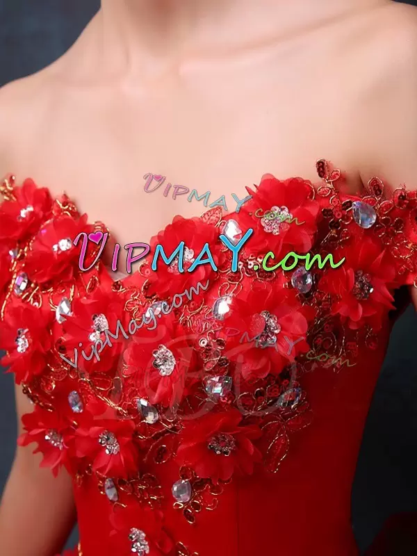 Floor Length Lace Up Quinceanera Dresses Red for Military Ball and Sweet 16 and Quinceanera with Beading and Appliques and Ruffles