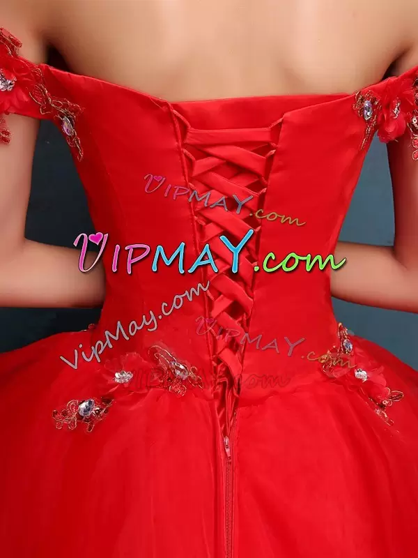 Floor Length Lace Up Quinceanera Dresses Red for Military Ball and Sweet 16 and Quinceanera with Beading and Appliques and Ruffles