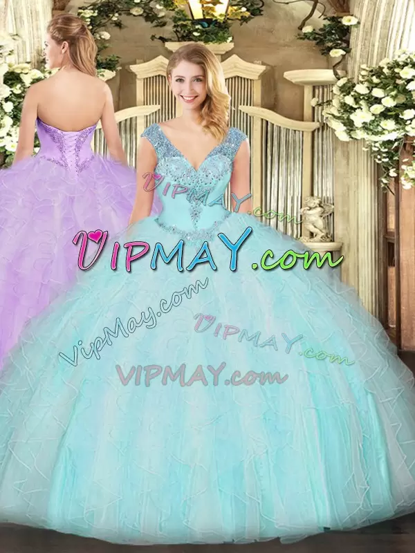 Simple Aqua Blue Ball Gowns Ruffles 15 Quinceanera Dress Lace Up Organza Sleeveless Floor Length