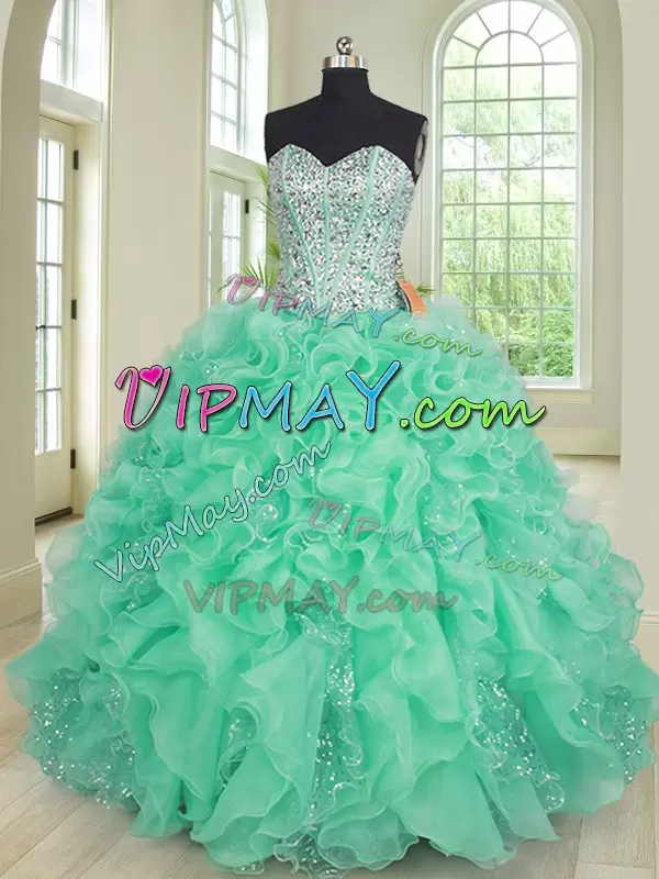 Exceptional Turquoise Organza Lace Up 15th Birthday Dress Sleeveless Floor Length Beading and Ruffles