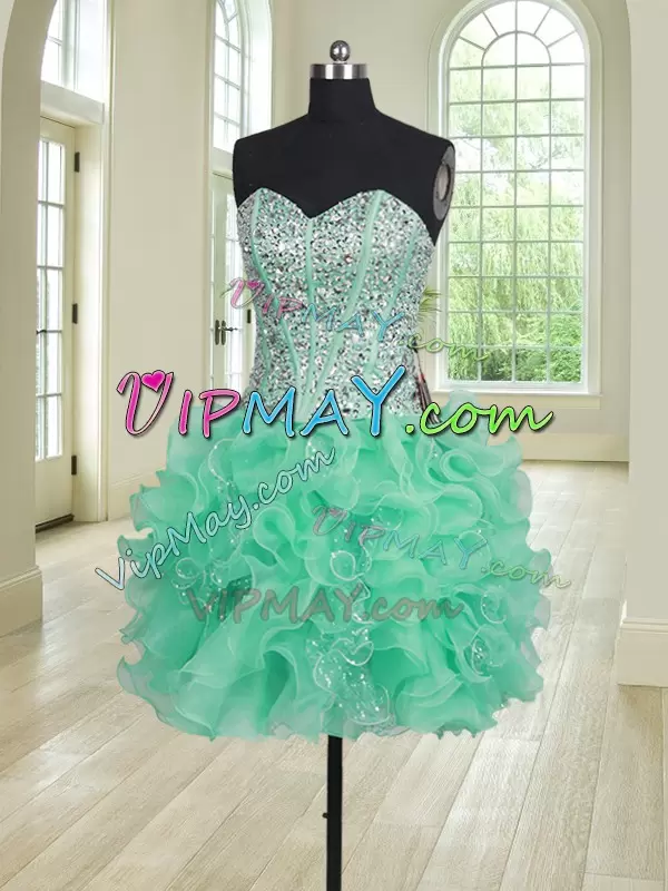 Exceptional Turquoise Organza Lace Up 15th Birthday Dress Sleeveless Floor Length Beading and Ruffles