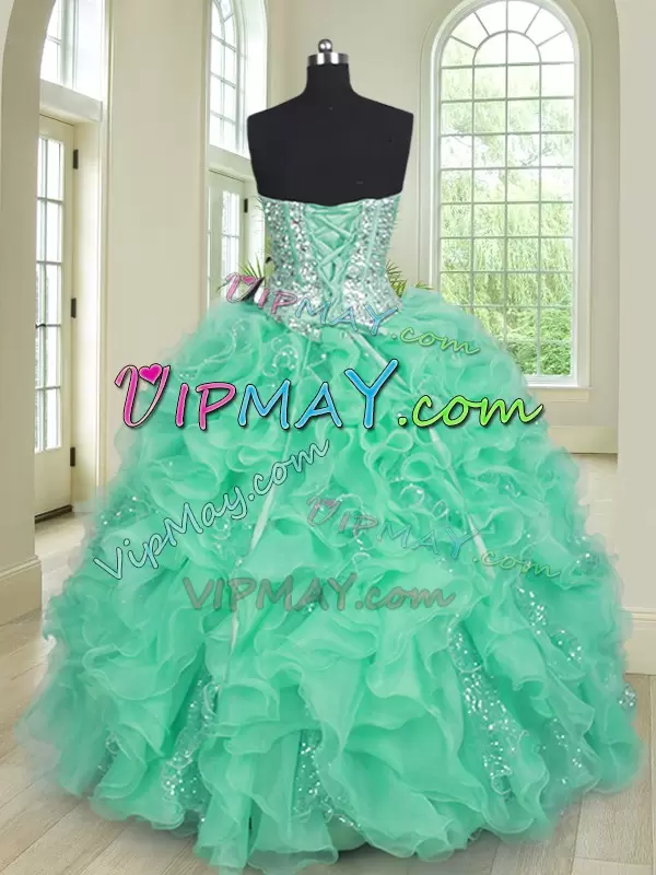 Exceptional Turquoise Organza Lace Up 15th Birthday Dress Sleeveless Floor Length Beading and Ruffles