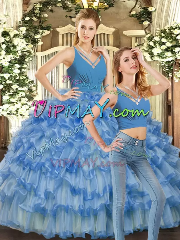 V-neck Sleeveless Organza Quinceanera Gown Ruffles Backless