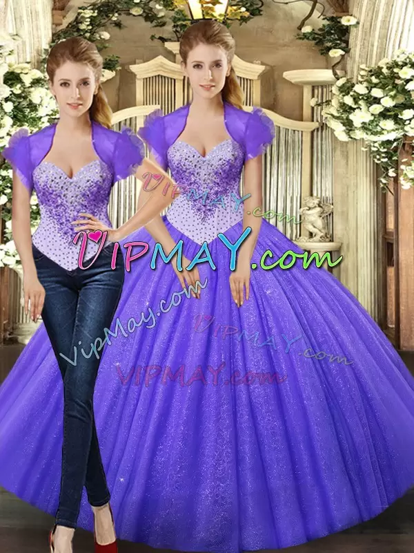 Deluxe Purple Sleeveless Tulle Lace Up 15th Birthday Dress for Military Ball and Sweet 16 and Quinceanera