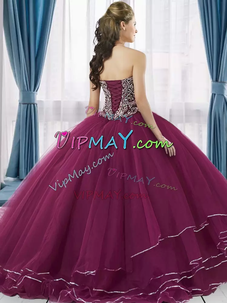 Red Ball Gowns Sweetheart Sleeveless Tulle Floor Length Lace Up Beading 15 Quinceanera Dress