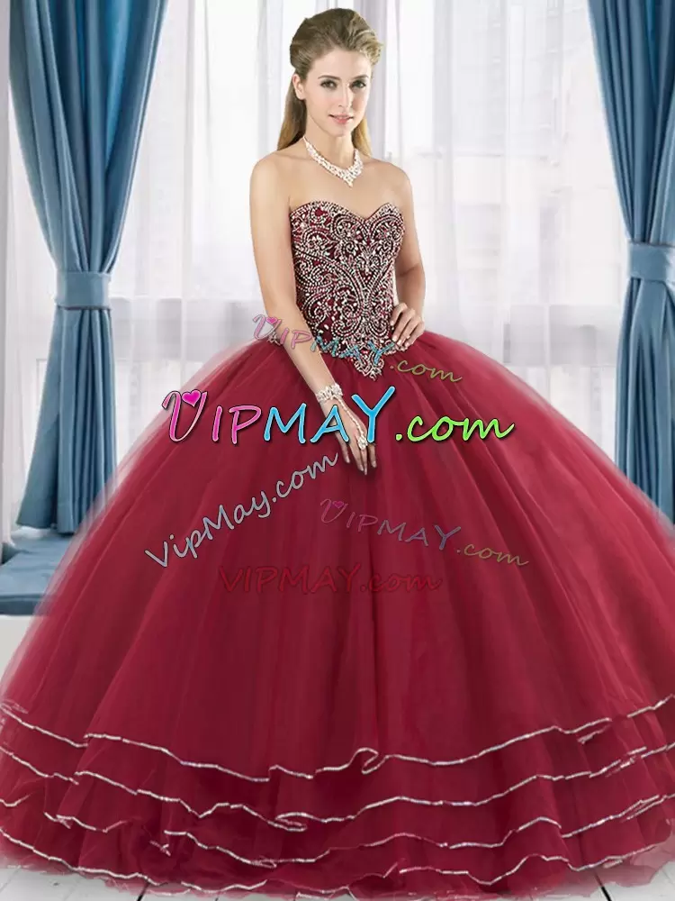 Red Ball Gowns Sweetheart Sleeveless Tulle Floor Length Lace Up Beading 15 Quinceanera Dress