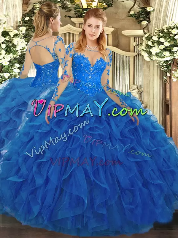 Pretty Blue Scoop Lace Up Lace and Ruffles Vestidos de Quinceanera Long Sleeves