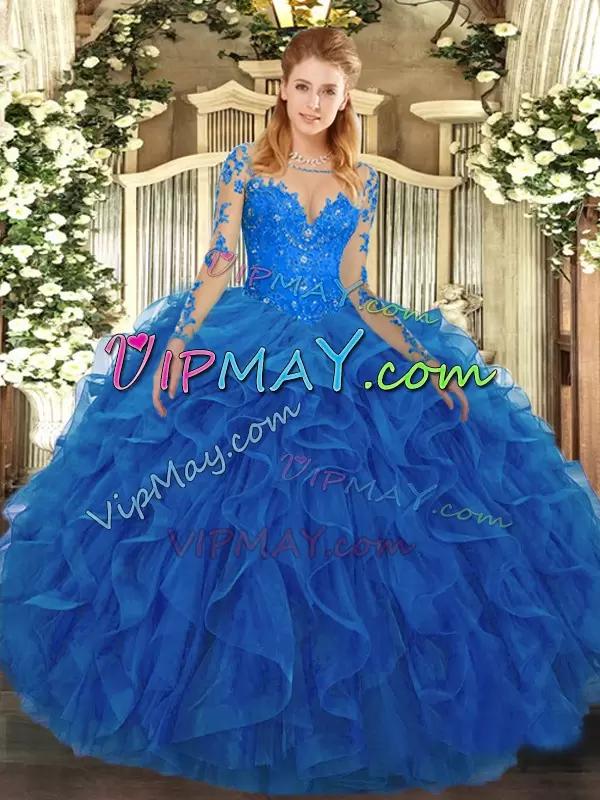 Pretty Blue Scoop Lace Up Lace and Ruffles Vestidos de Quinceanera Long Sleeves