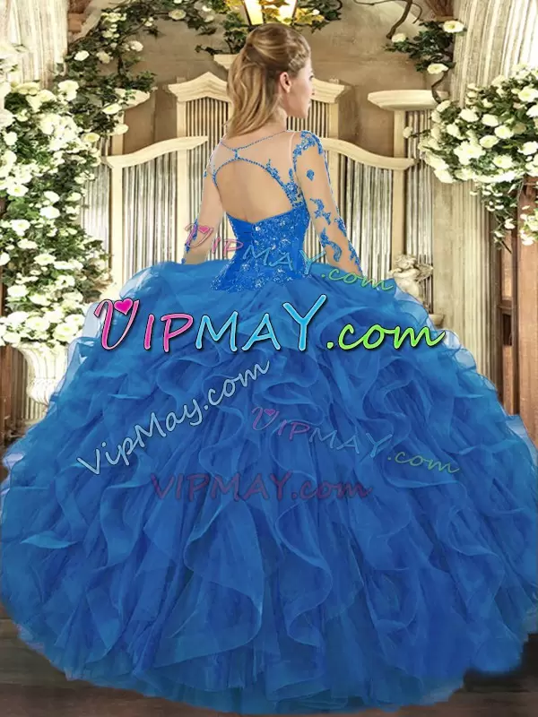 Pretty Blue Scoop Lace Up Lace and Ruffles Vestidos de Quinceanera Long Sleeves